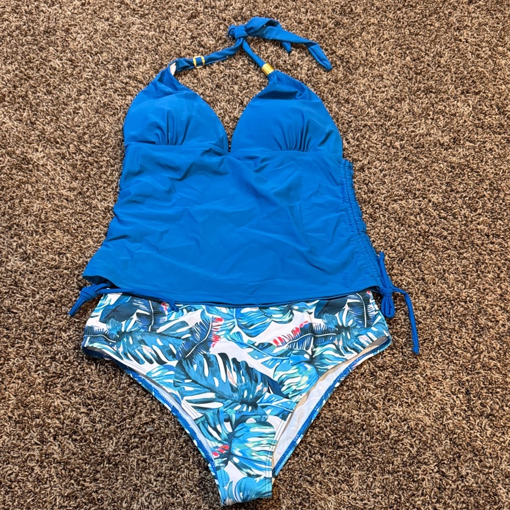 Blue Halter Tankini with Tropical Leaf Bikini Bottoms